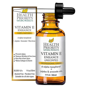 Health Priority Naturals Vitamin E oil bottle for facial hydration.