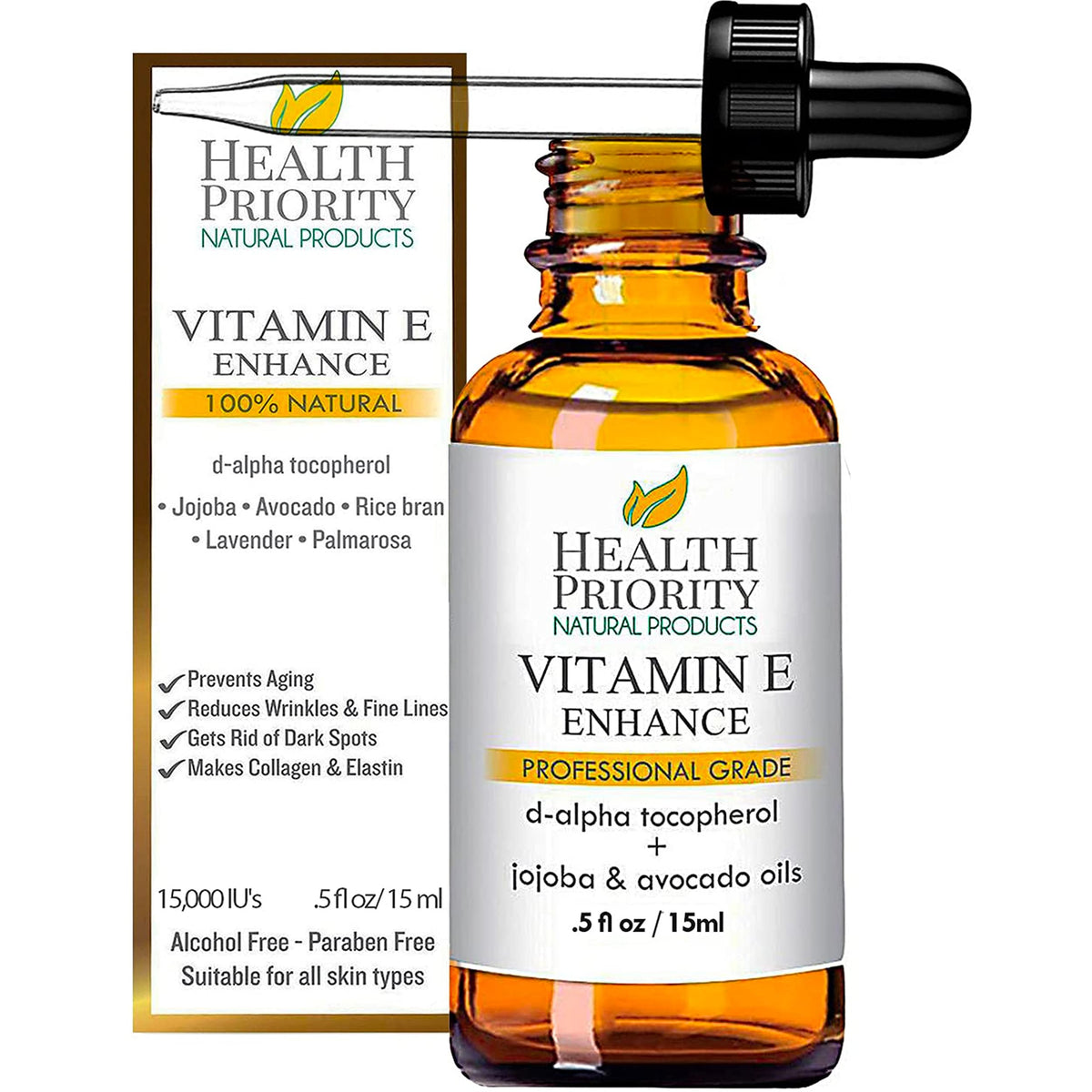 Health Priority Naturals Vitamin E Oil bottle for face and hair, enhances hydration and glow.