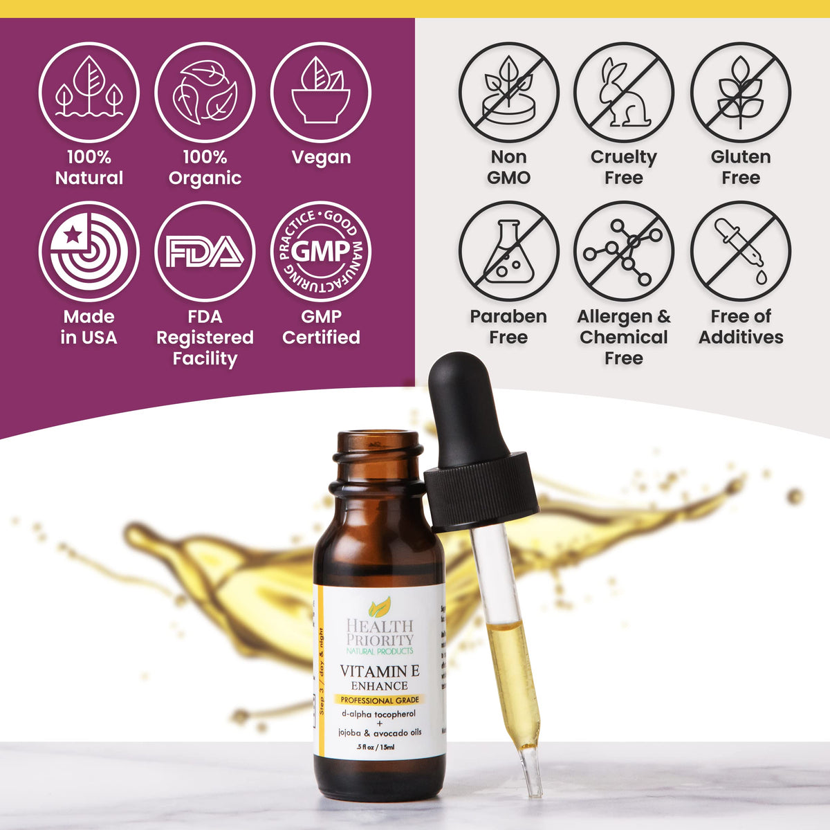 Health Priority Naturals Vitamin E Oil for stretch marks, providing hydration and suppleness.