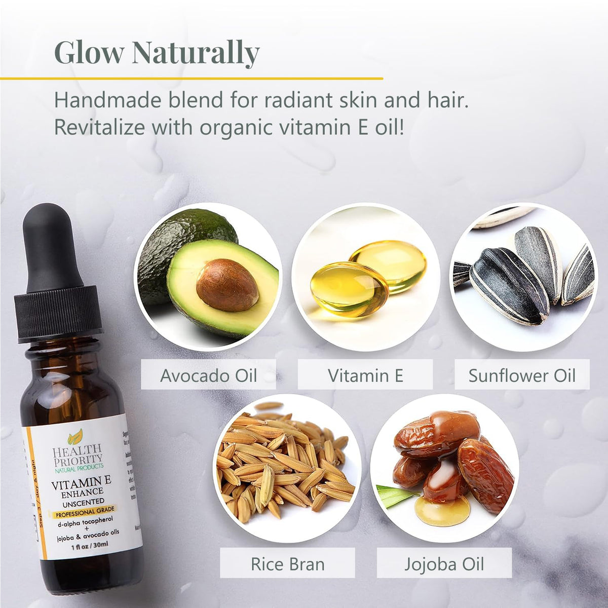 Health Priority Naturals Vitamin E oil unscented formula for sensitive skin.