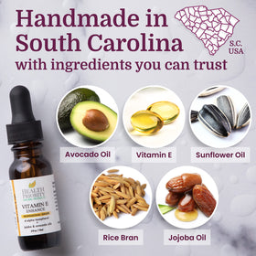 Health Priority Naturals Vitamin E Oil vegan scented formula for sensitive skin.