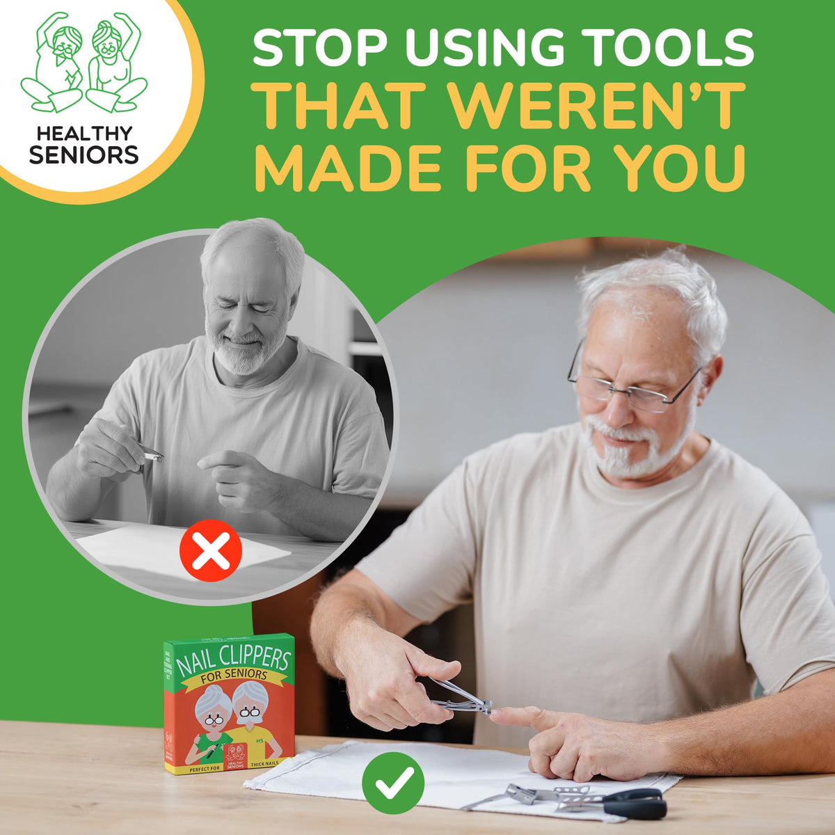Healthy Seniors rotating-head toenail clipper adapts to angles for easy positioning.