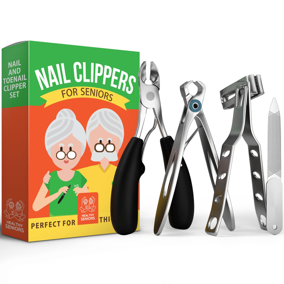 Healthy Seniors 4-piece toenail clippers set for thick nails, designed for arthritis-friendly trimming.