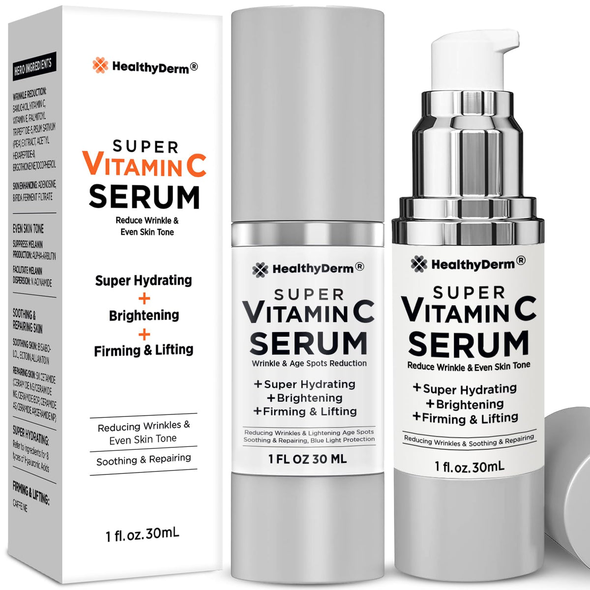 HealthyDerm Super Vitamin C Serum bottle close-up highlighting brightening formula