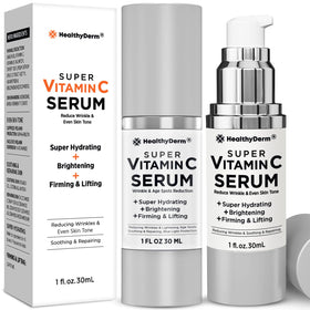 HealthyDerm Super Vitamin C Serum bottle close-up highlighting brightening formula