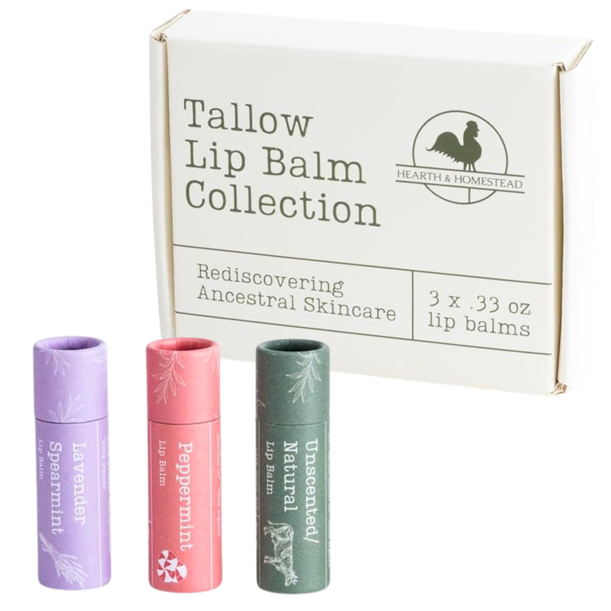 Hearth and Homestead unscented beef tallow lip balm jar for gentle, lasting moisture.