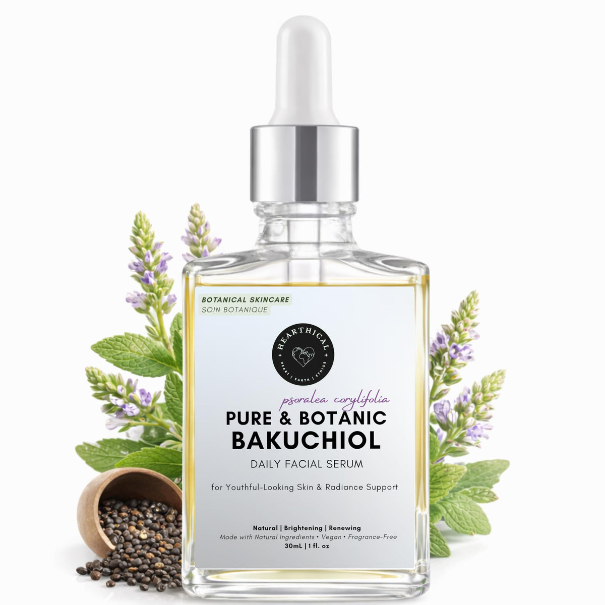 Hearthical Bakuchiol Serum Face Bottle supports a gentle daily glow for all skin types.