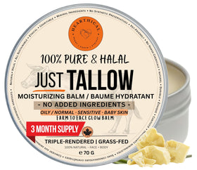 Hearthical Just Tallow jar closeup showing pure, additive-free hydration.