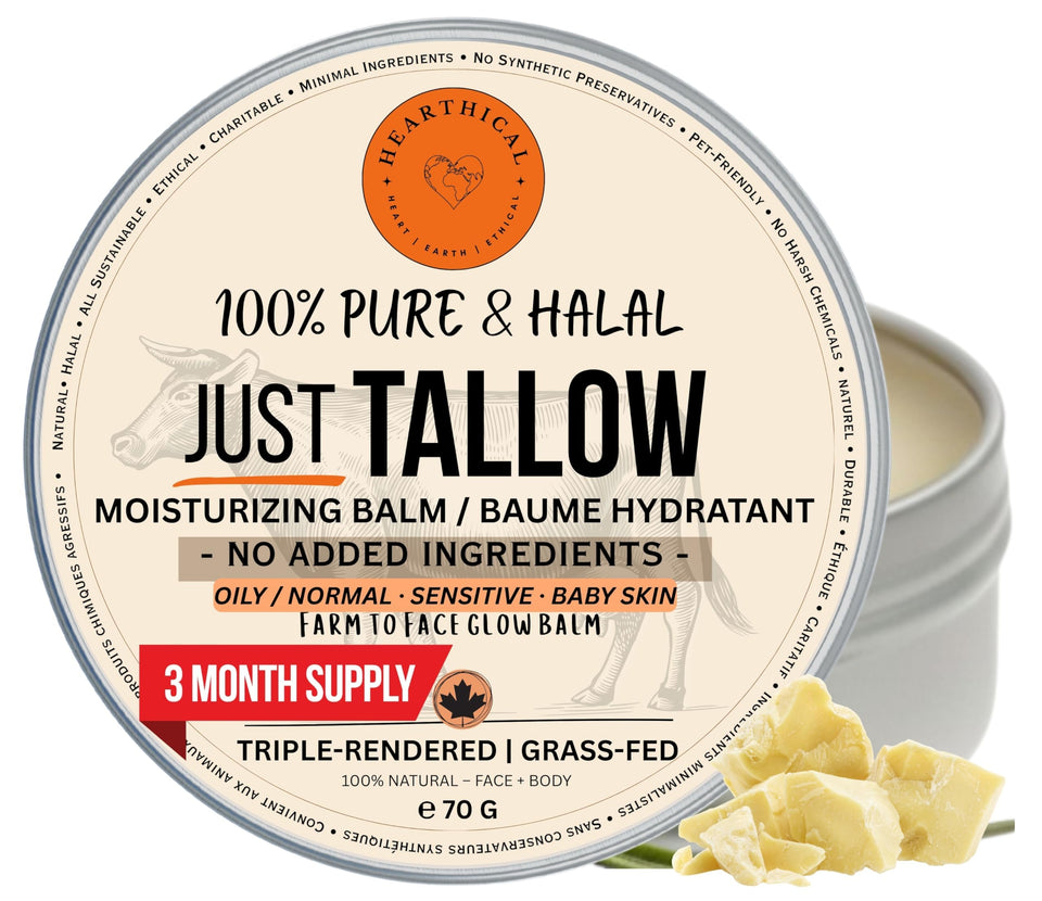 Hearthical Just Tallow jar closeup showing pure, additive-free hydration.