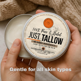 Hearthical Just Tallow lip salve use for dry lips and gentle care.