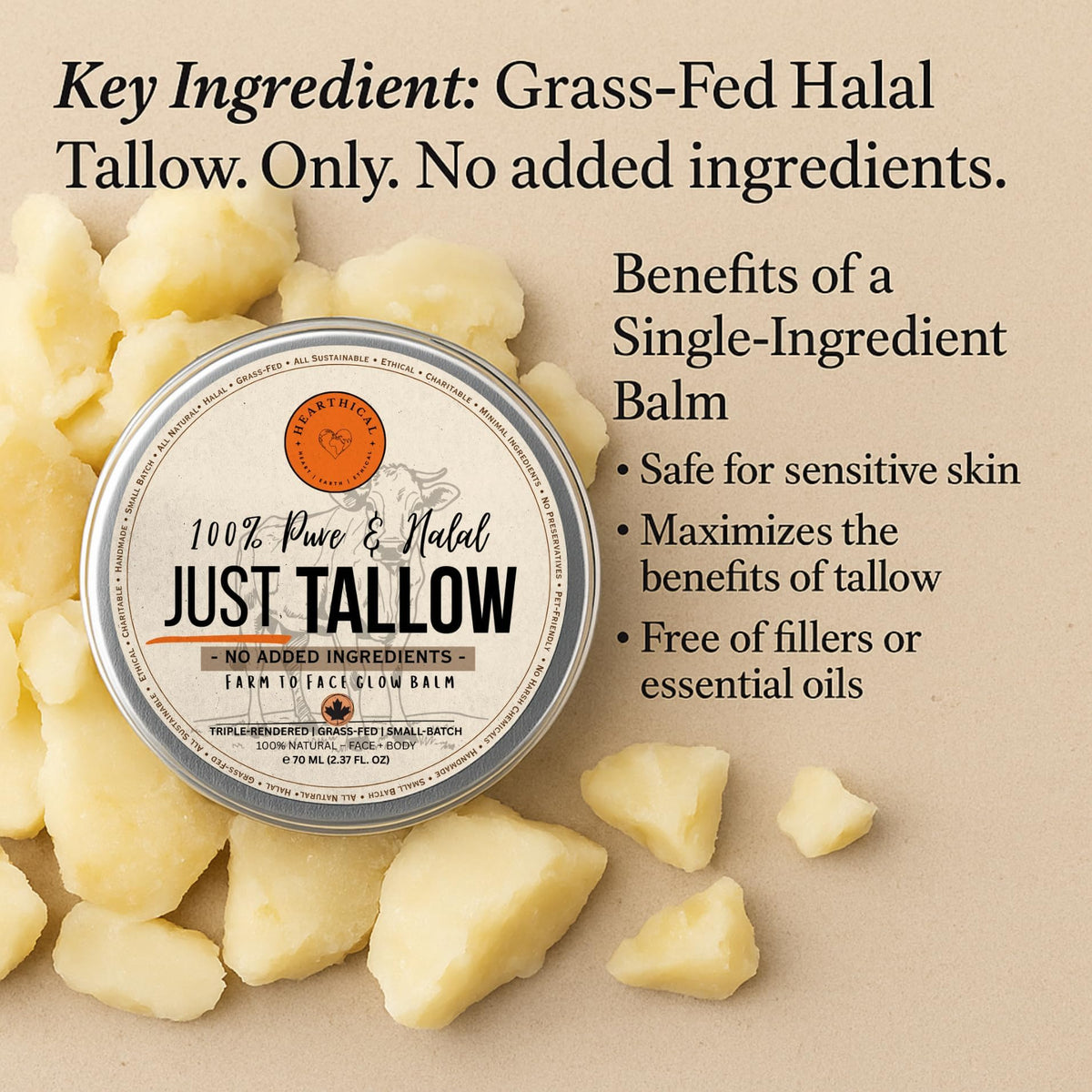 Hearthical Just Tallow warmed on skin for quick nourishment.