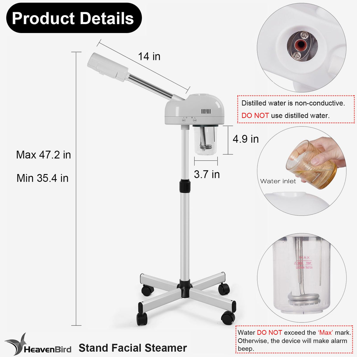 Height-adjustable HeavenBird steamer for precise facial positioning