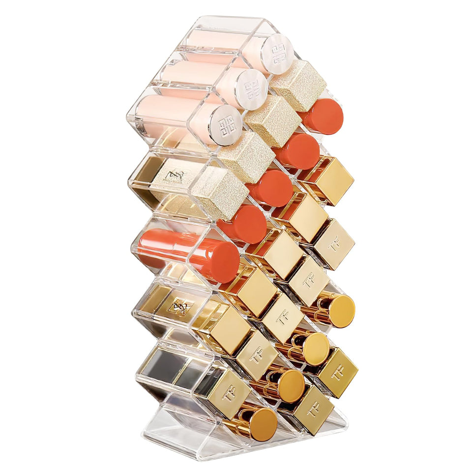 Hebaogugu 28-slot lipstick organizer on a vanity, keeping lipsticks neatly organized.