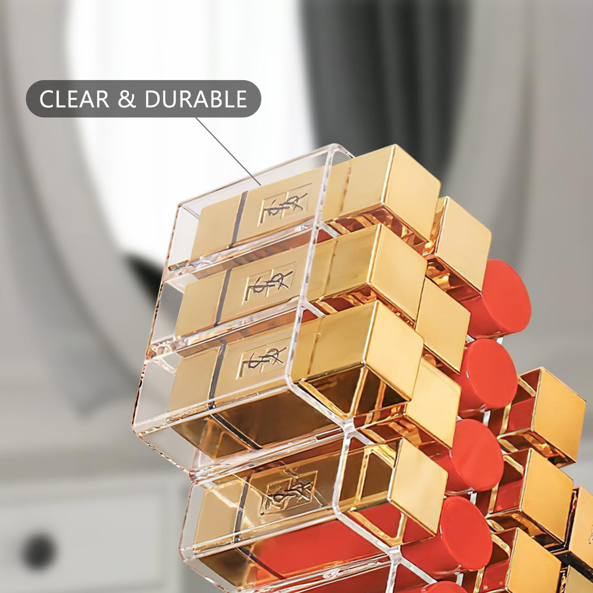 Hebaogugu clear vanity organizer allows fast color selection.