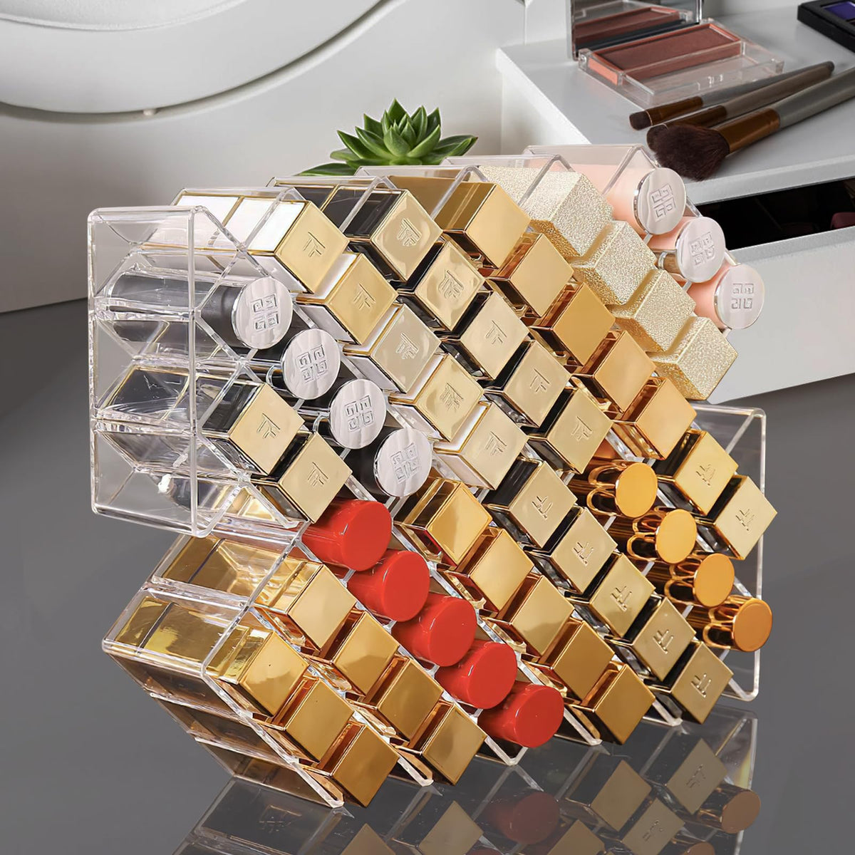Hebaogugu space-saving makeup organizer fits compact countertops.