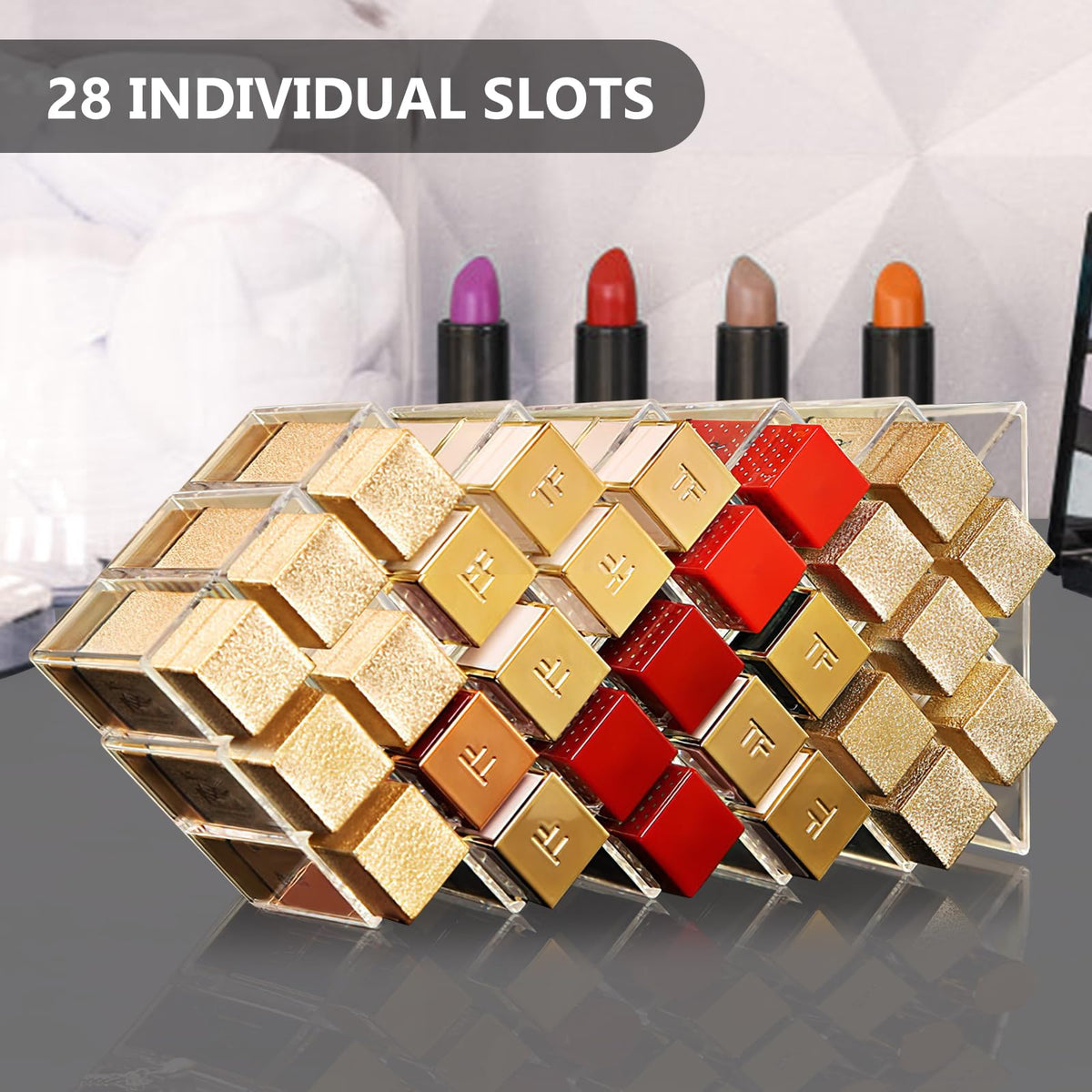 Hebaogugu stackable lipstick tower saves counter space on a busy vanity.