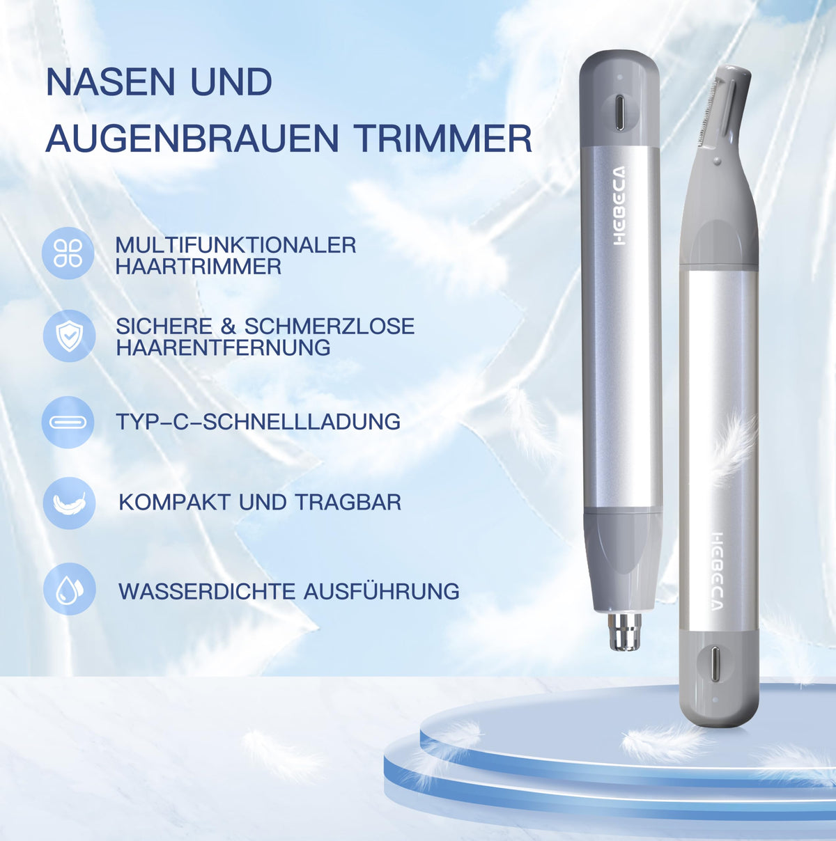 HEBECA nose trimmer with 360 dual-blade system for precise trimming.