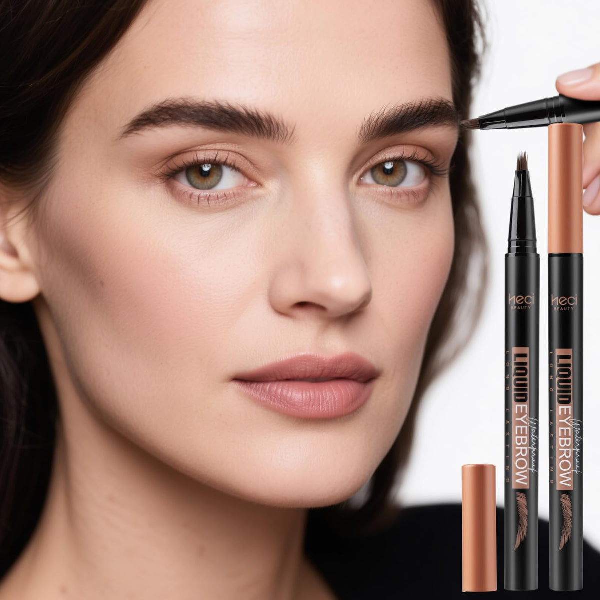 HECI Beauty brow pen packaging highlighting 12-hour smudge-proof wear