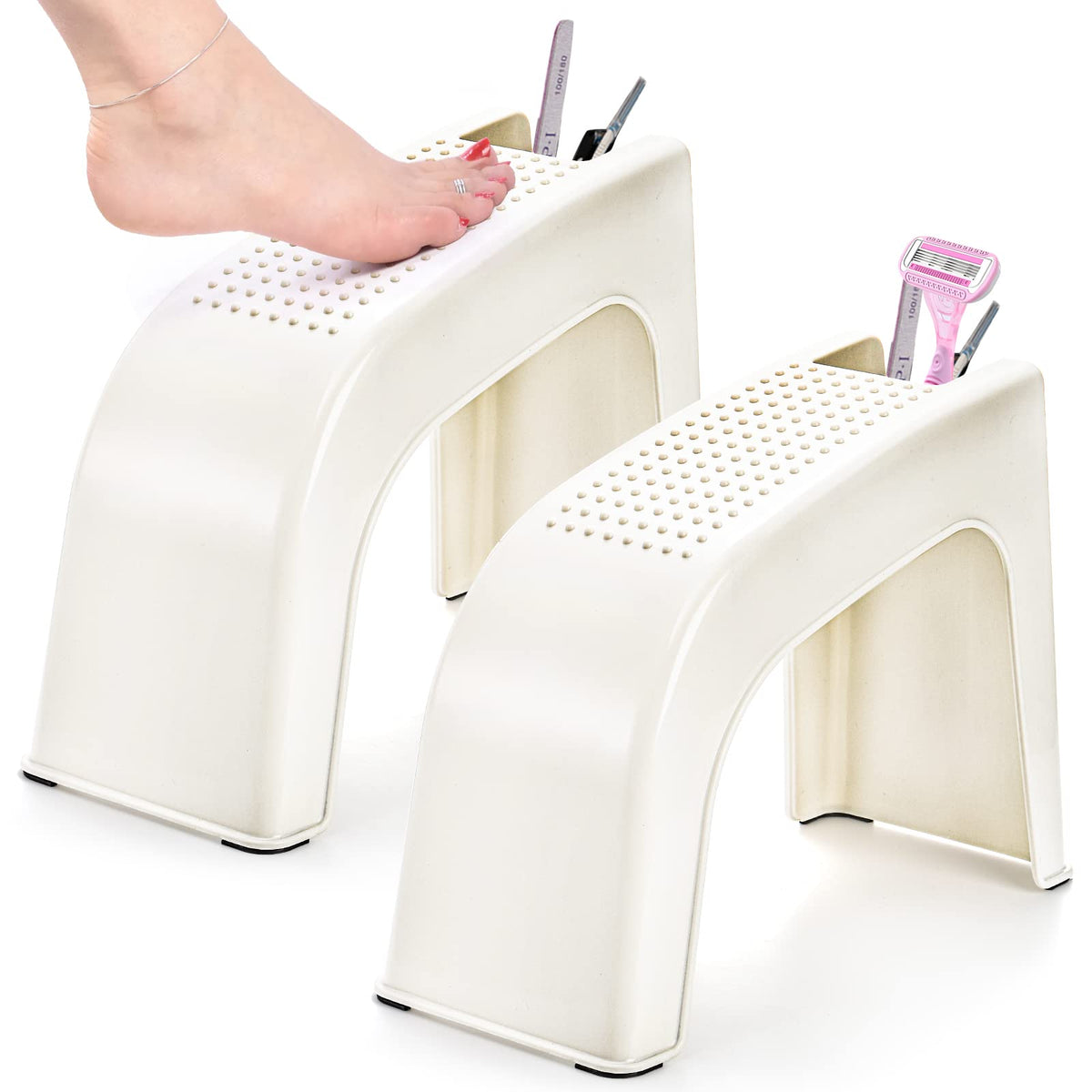 Hedume two-pack shower foot rest with curved top surface for comfortable pedicures