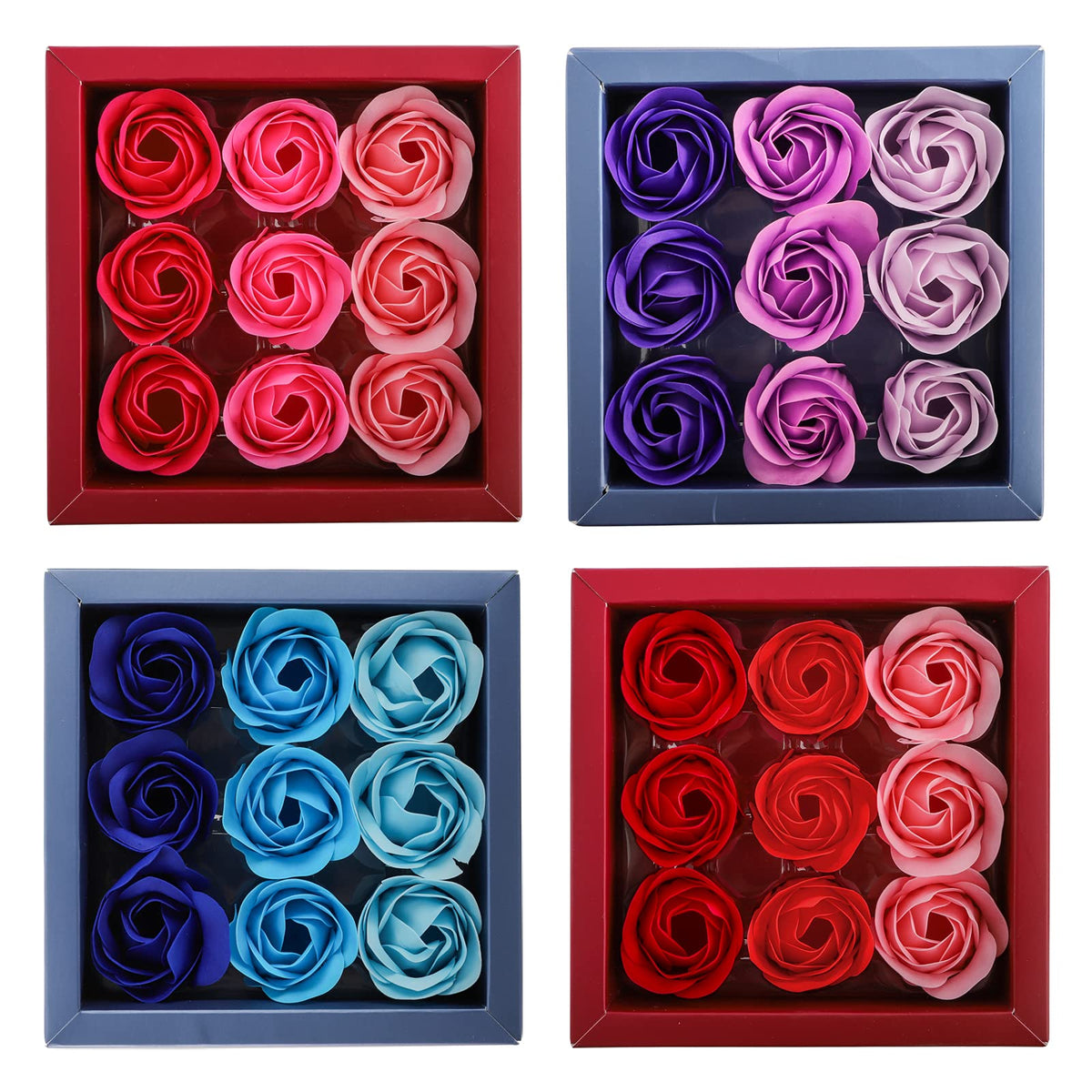 Hedume rose soap petals gift box close-up shows vibrant color trio