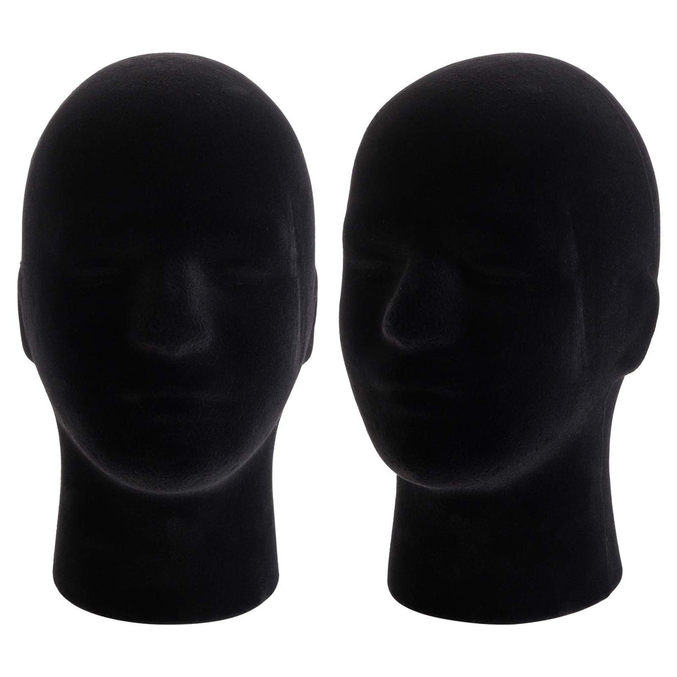 Hedume two-pack foam black velvet mannequin head stand front view for displays.