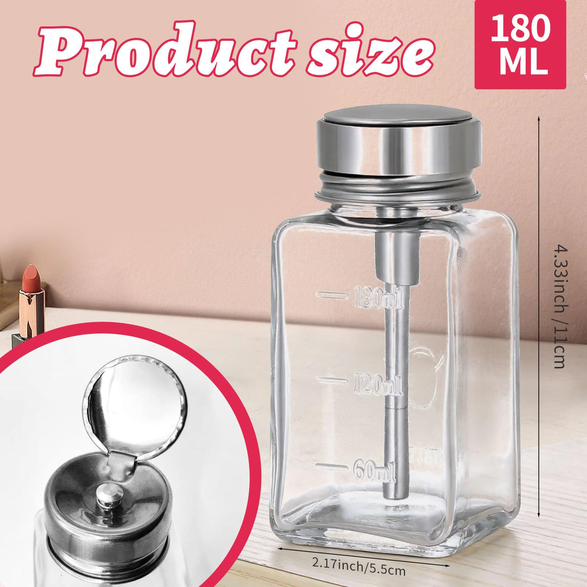 HEHIPLE 6oz glass bottle with dispenser, front view for easy access.