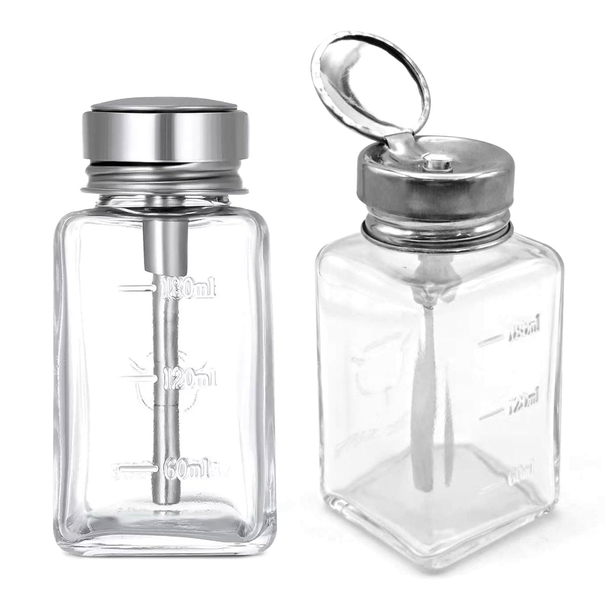 HEHIPLE clear glass bottle with pump cap and metal flip for spill-free application.