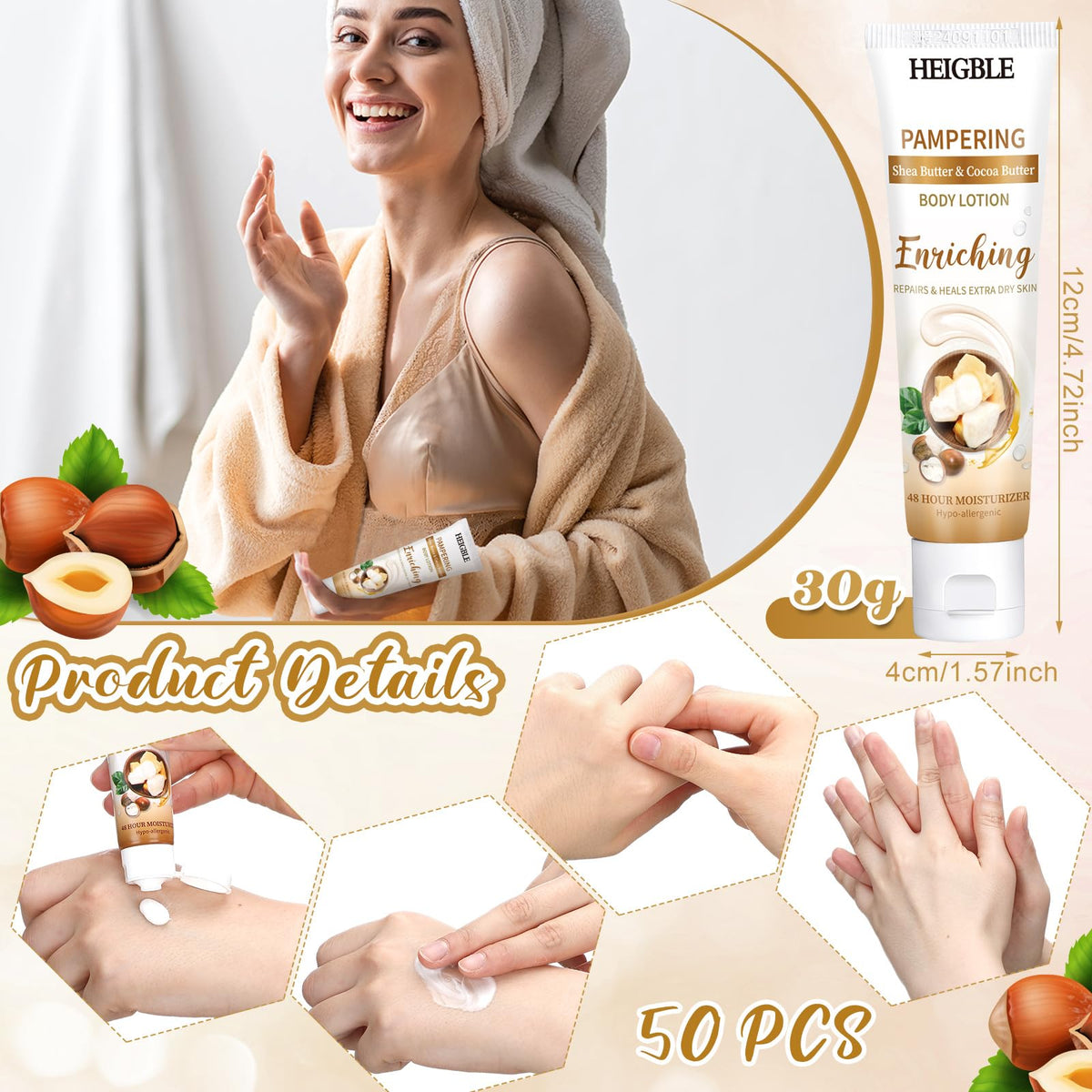 Close-up of Heigble 1oz lotion bottle with flip-cap for quick hydration.