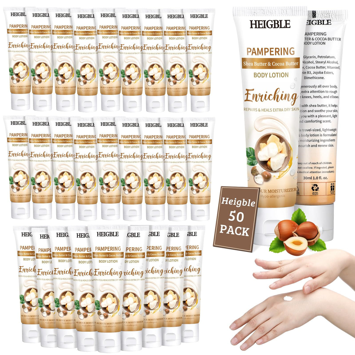 Heigble 50-pack travel-size body lotion display for dry-skin care on the go.