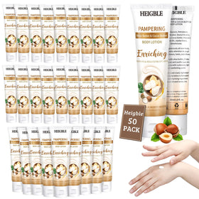 Heigble 50-pack travel-size body lotion display for dry-skin care on the go.