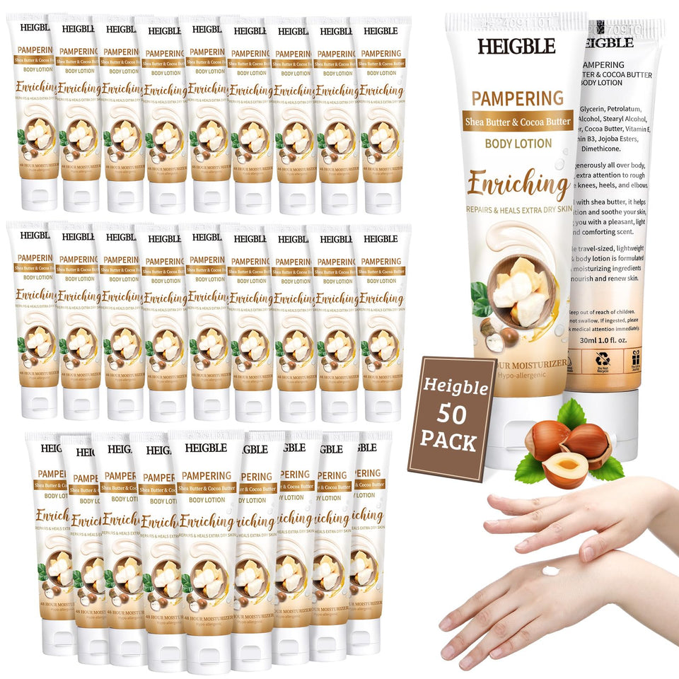 Heigble 50-pack travel-size body lotion display for dry-skin care on the go.