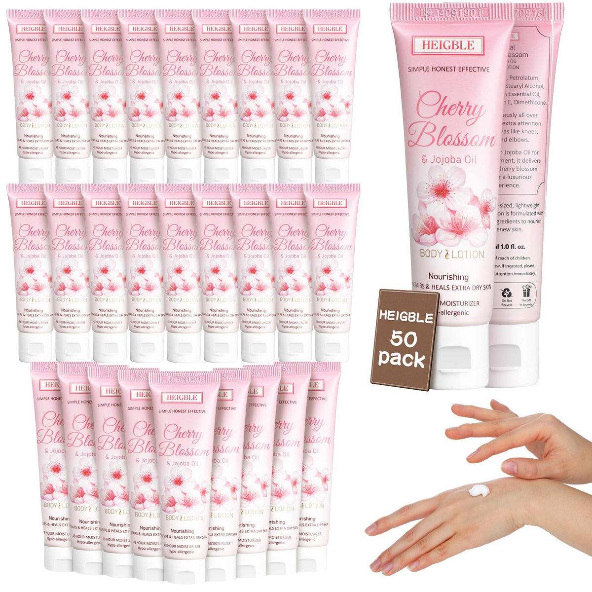 Heigble cherry blossom body lotion bottles in a 50-pack travel set for on-the-go hydration.