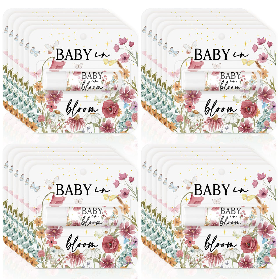 Heigble Baby in Bloom lip balm favor with pink wildflowers for elegant baby showers.