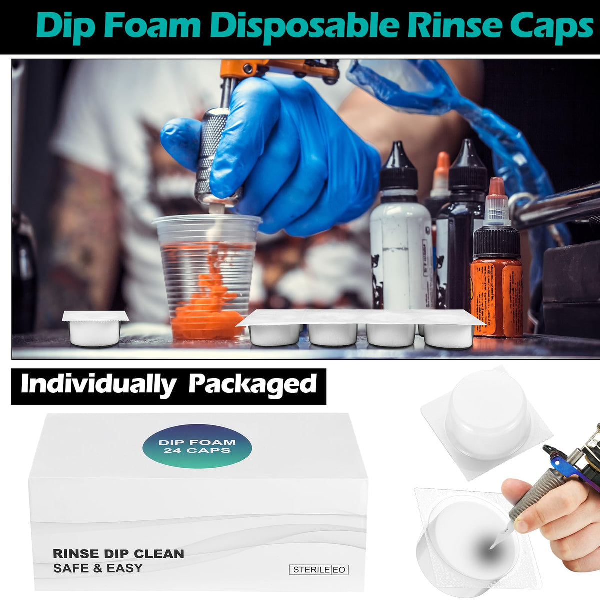 Heigble dip foam rinse cap packaging demonstrates sealed boxes for safe tattoo prep.