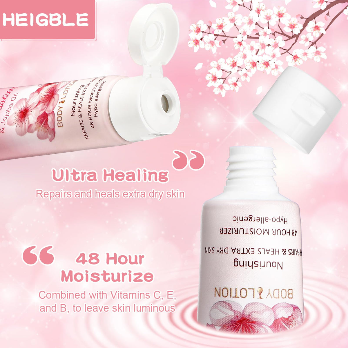 Heigble travel-size lotion bottle close-up highlighting lightweight texture and fast absorption.