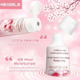 Heigble travel-size lotion bottle close-up highlighting lightweight texture and fast absorption.