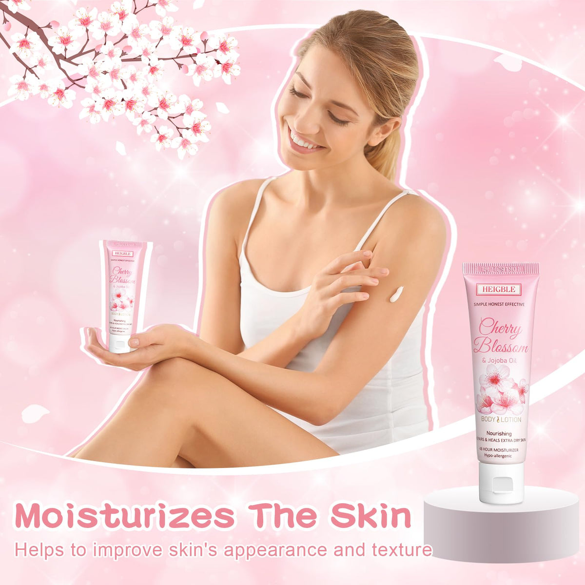 Heigble gift-pack presentation of cherry blossom jojoba lotion for thoughtful skincare.