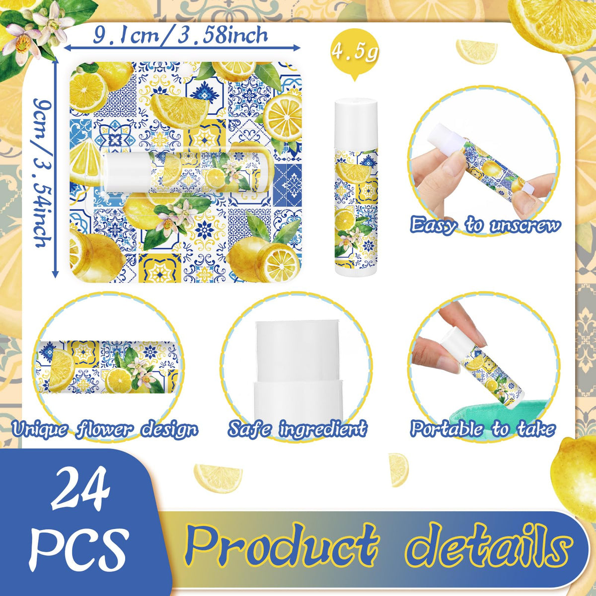 Heigble lemon lip balm 24-pack, individually wrapped for easy portability.