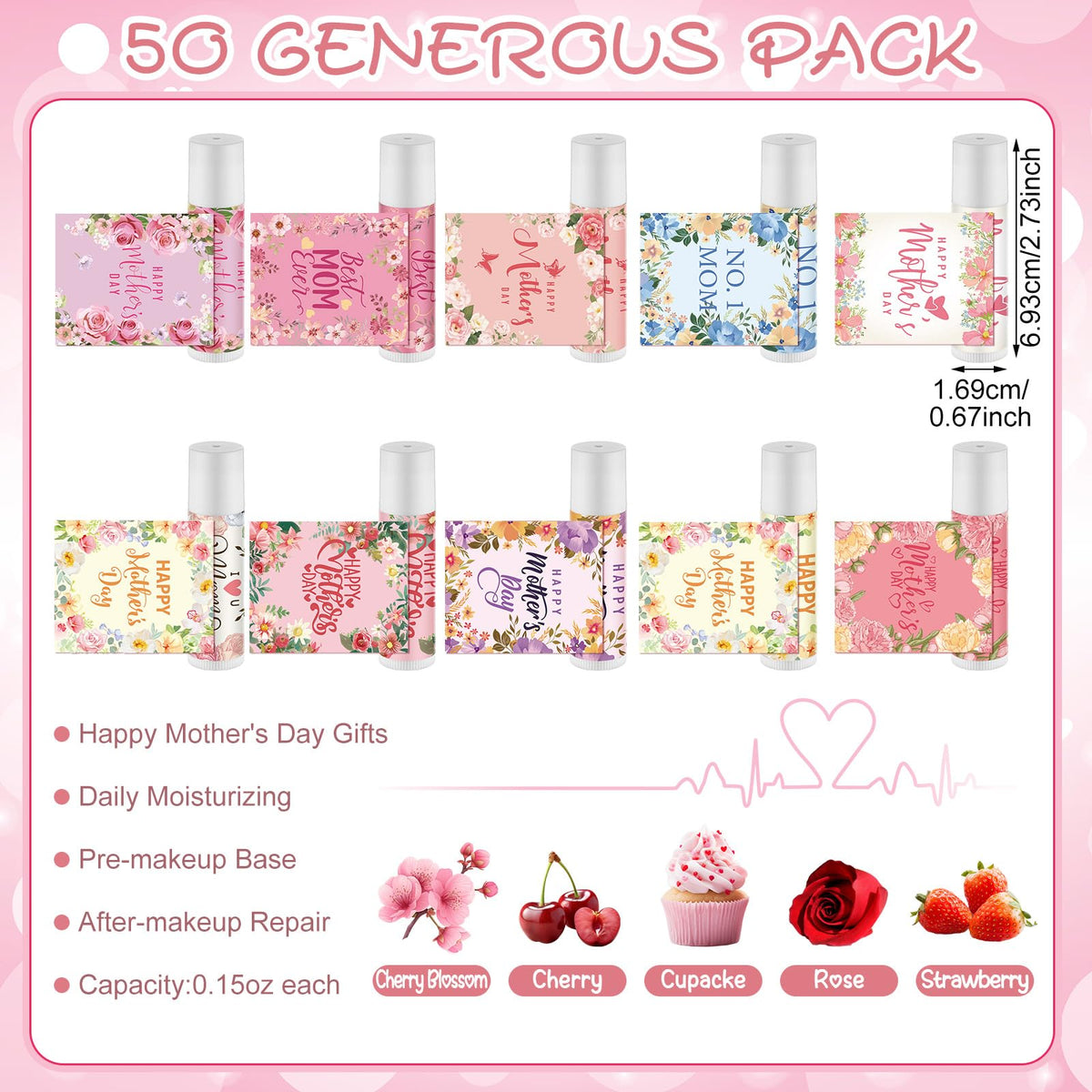 Heigble Mother's Lip Balm 50pack peony pattern adds gentle moisture with daily use.