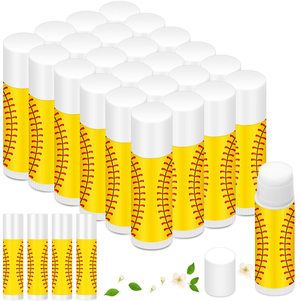Heigble softball lip balm 24-pack features sporty patterns for team gifts and party favors.