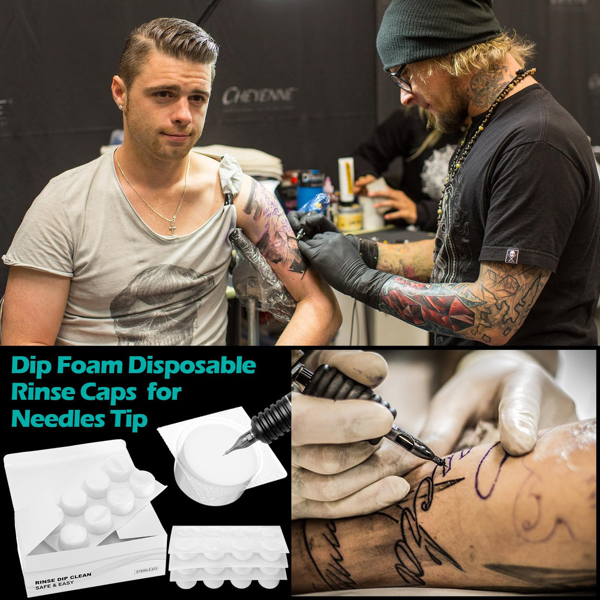 Heigble tattoo accessory workflow illustrates practical studio setup with rinse caps.