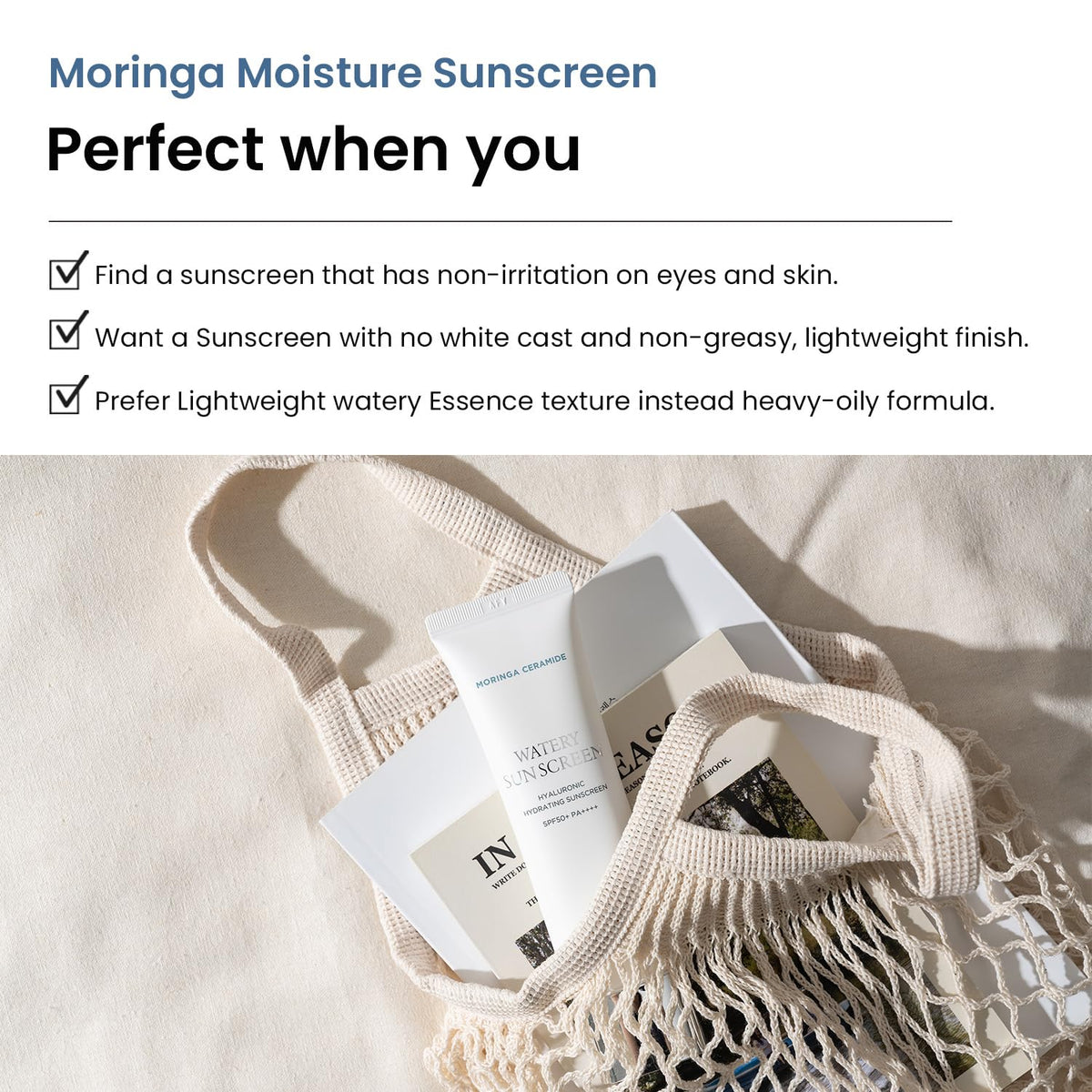 SPF 50+ badge on HEIMISH Moringa Ceramide Hyaluronic Sunscreen highlighting broad protection
