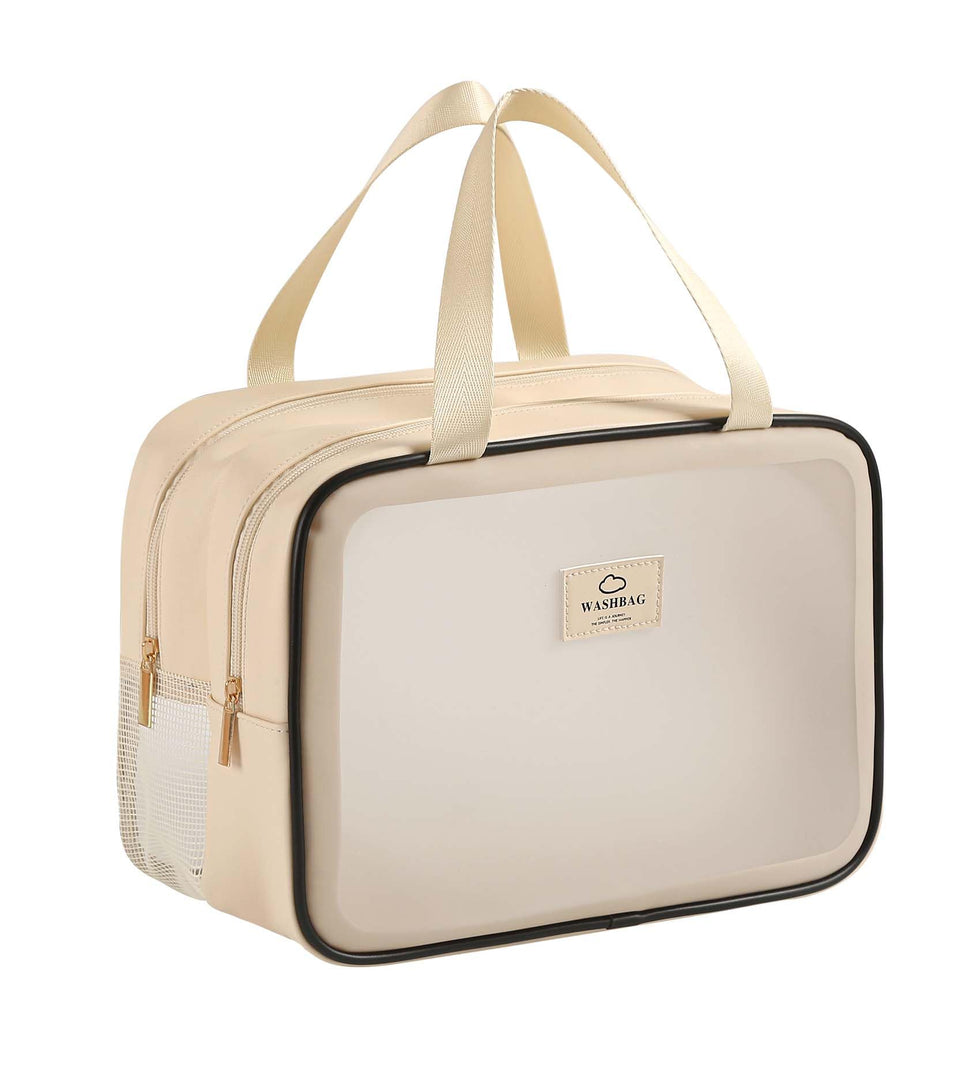 Heliar Large Travel Toiletry Bag with dry-wet separation showing private dry zone for organized cosmetics.