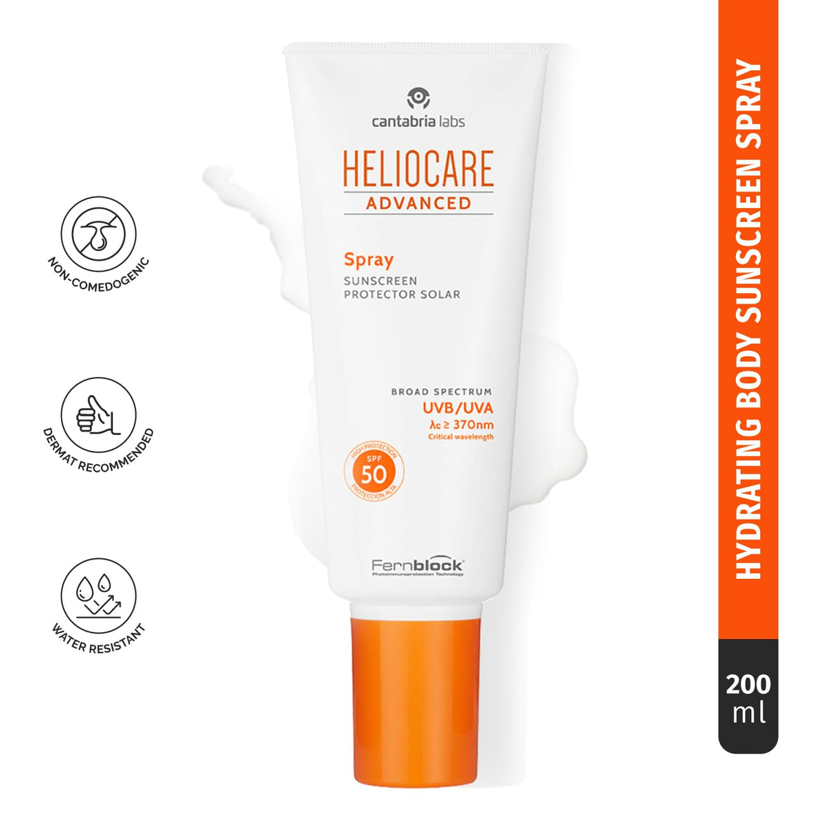 Heliocare spray mist demonstrates convenient multi-position application on skin.
