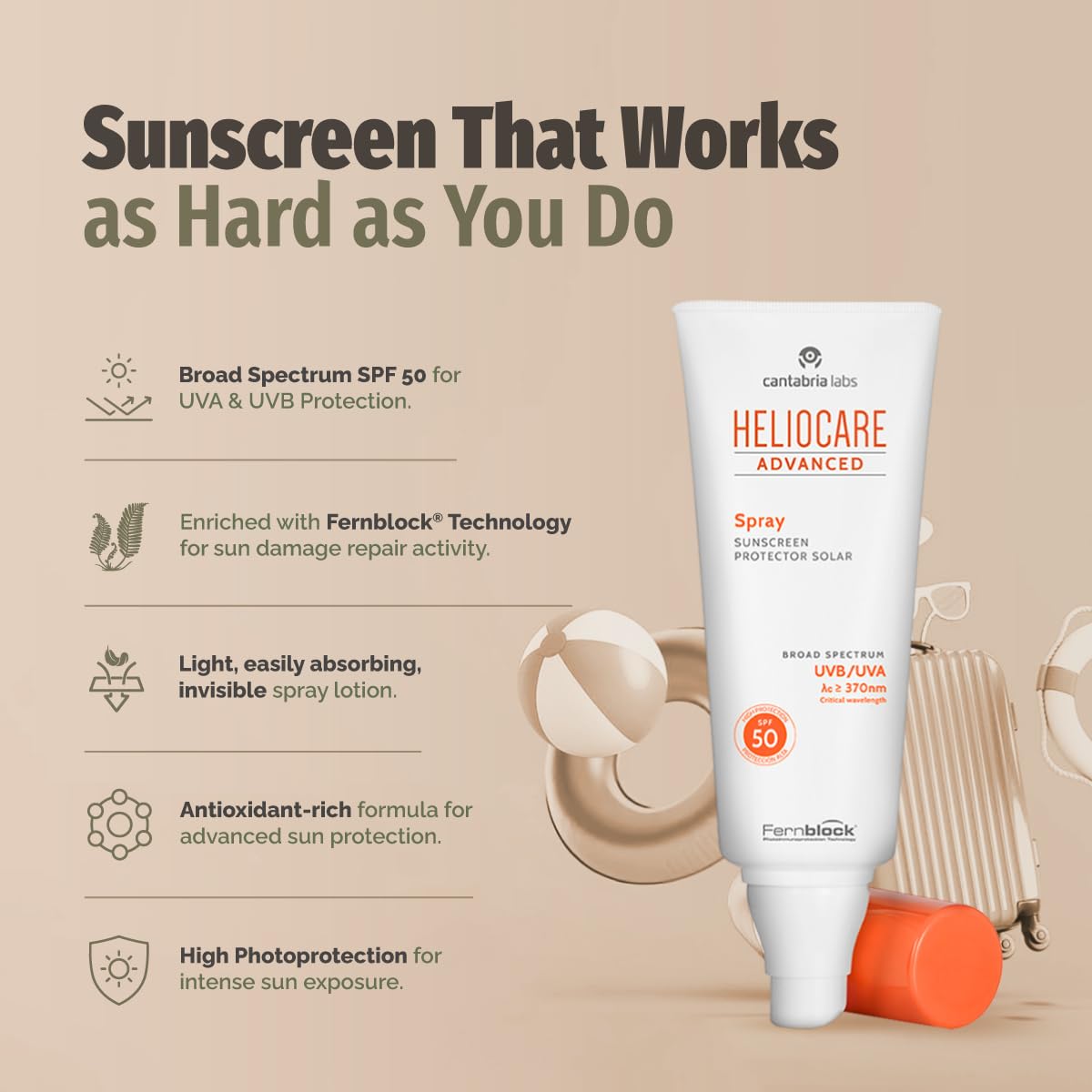 Close-up of heliocare bottle cap shows premium packaging.