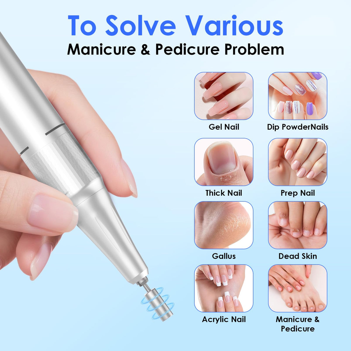 HELIVIVE 11 drill bits kit supports acrylic, gel, powder, and natural nails