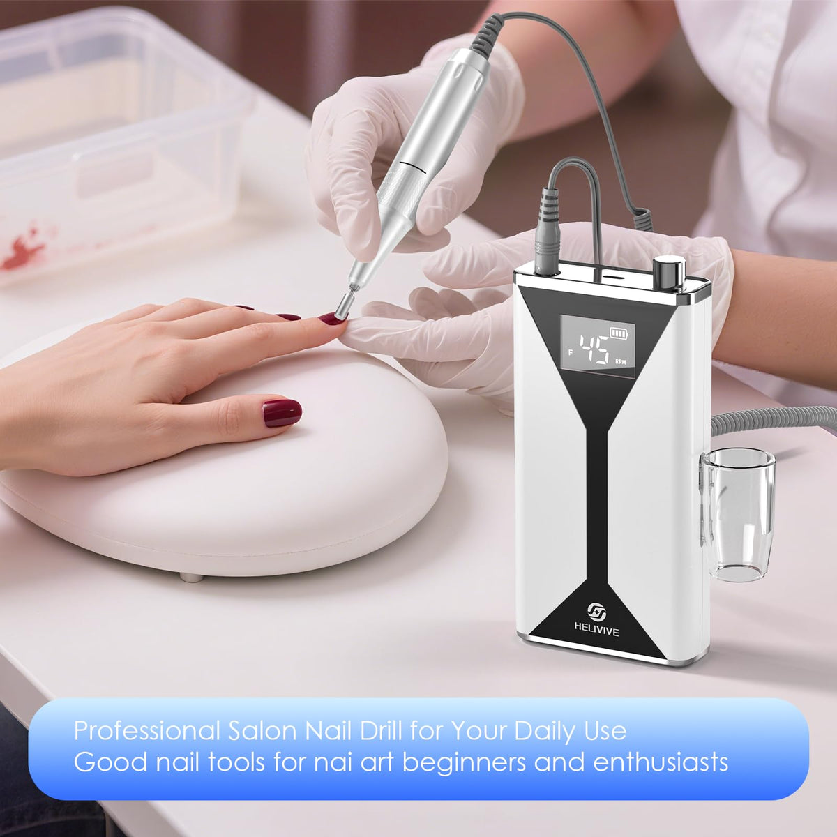 HELIVIVE quiet operation with low heat for comfortable nail care sessions