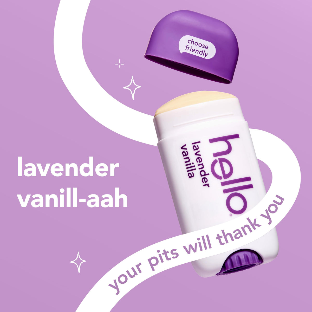 Hello deodorant application swipe shows smooth glide for easy coverage.