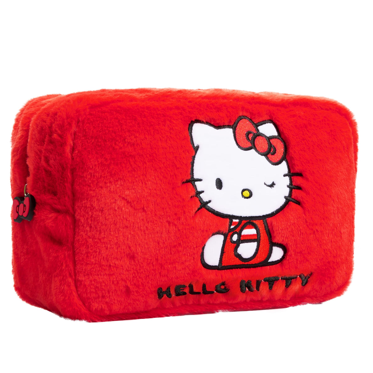 Hello Kitty fluffy makeup bag front view shows cute styling and practicality