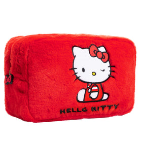 Hello Kitty fluffy makeup bag front view shows cute styling and practicality